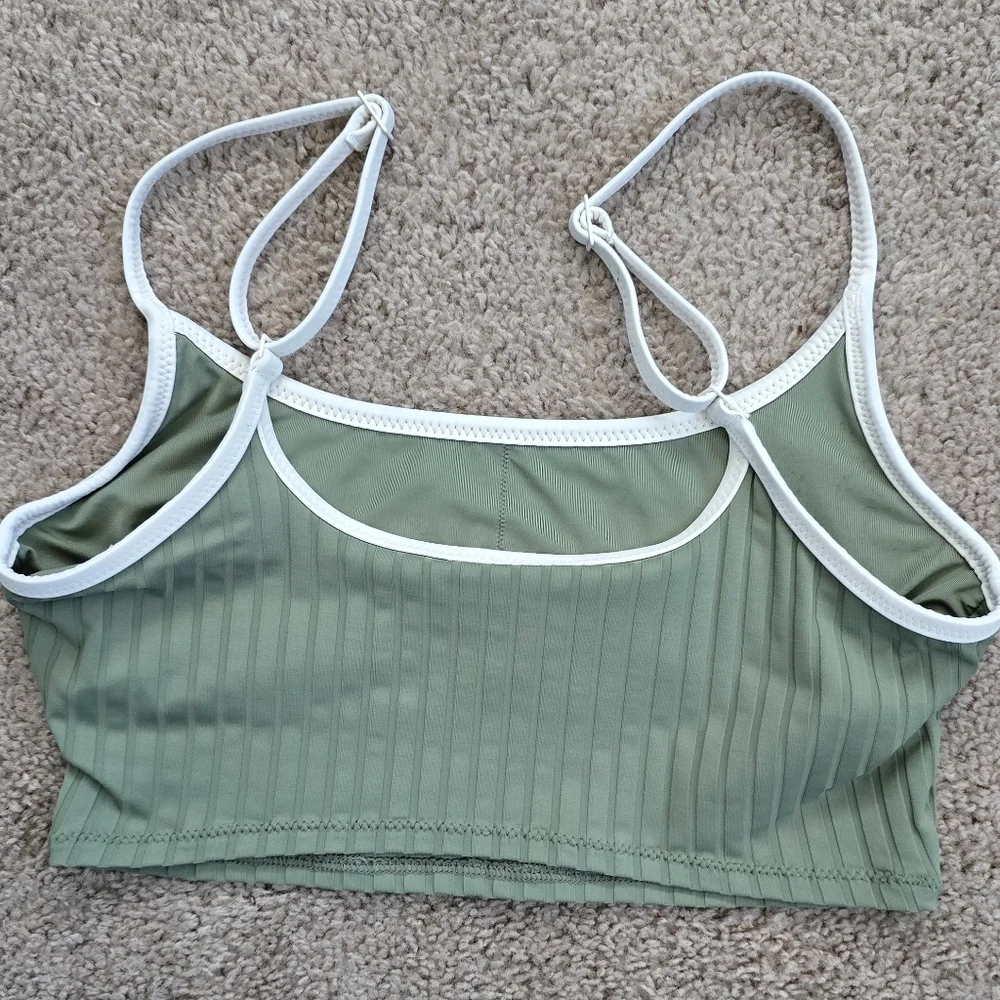 Aerie Wide Rib Scoop Longline Bikini Swim Top Olive Green Small Like New UPF 50 - Picture 2 of 10